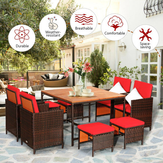Costway 9 Pieces Red Patio Rattan Dining Cushioned Chairs Set