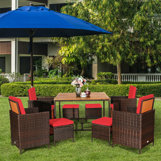 Costway 9 Pieces Red Patio Rattan Dining Cushioned Chairs Set