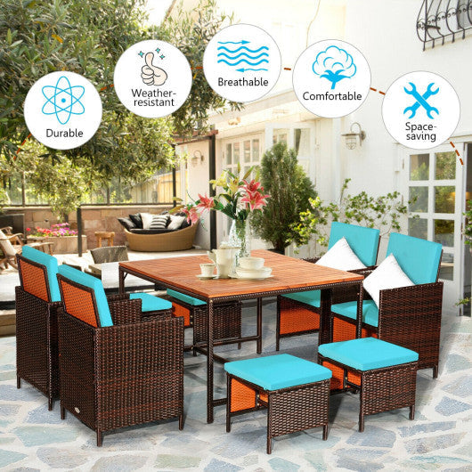 Costway 9 Pieces Turquoise Patio Rattan Dining Cushioned Chairs Set