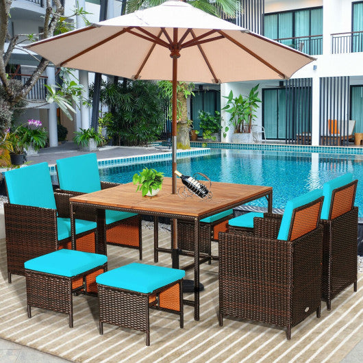 Costway 9 Pieces Turquoise Patio Rattan Dining Cushioned Chairs Set