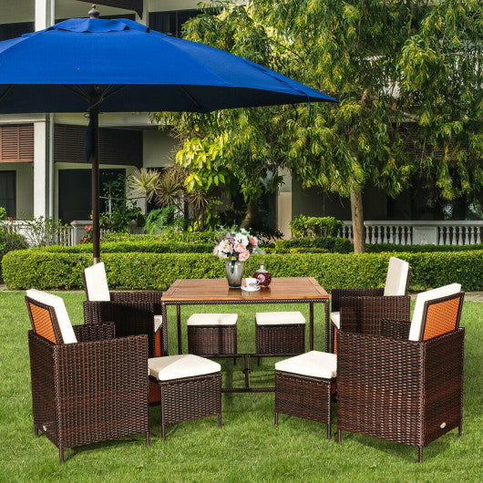 Costway 9 Pieces White Patio Rattan Dining Cushioned Chairs Set