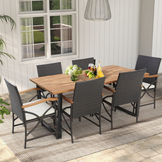 Costway Acacia Wood Table and 6 Wicker Chairs with Umbrella Hole - X-side Handrail