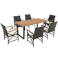 Costway Acacia Wood Table and 6 Wicker Chairs with Umbrella Hole - X-side Handrail