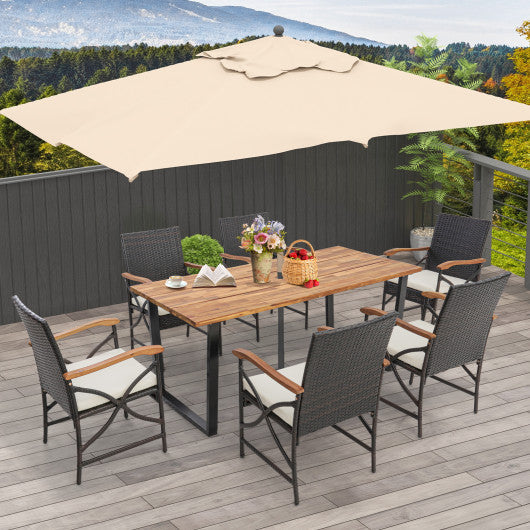 Costway Acacia Wood Table and 6 Wicker Chairs with Umbrella Hole - X-side Handrail