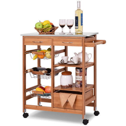 Costway Bamboo Kitchen Shelf Island Trolley Cart