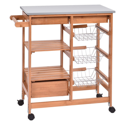 Costway Bamboo Kitchen Shelf Island Trolley Cart