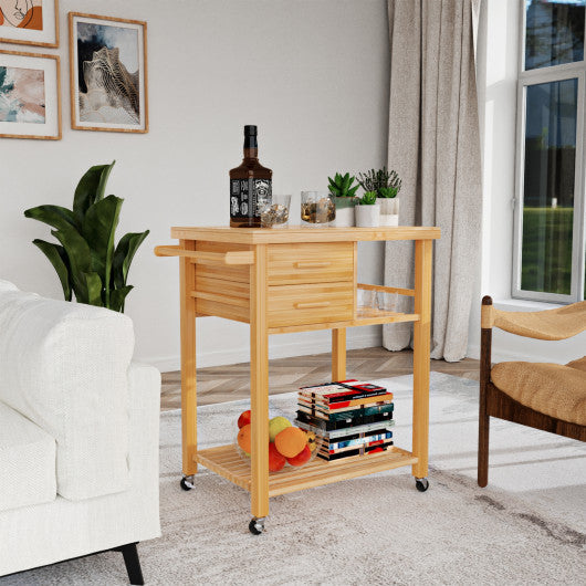 Costway Bamboo Kitchen Trolley Cart with Tower Rack and Drawers