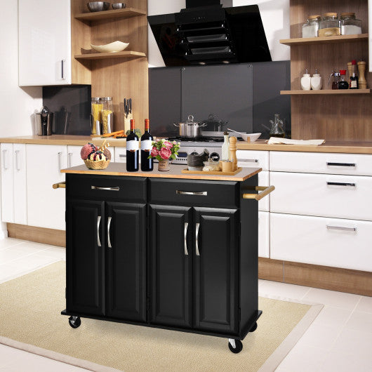 Costway Black 4-Door Rolling Kitchen Island Cart Buffet Cabinet with Towel Racks Drawers