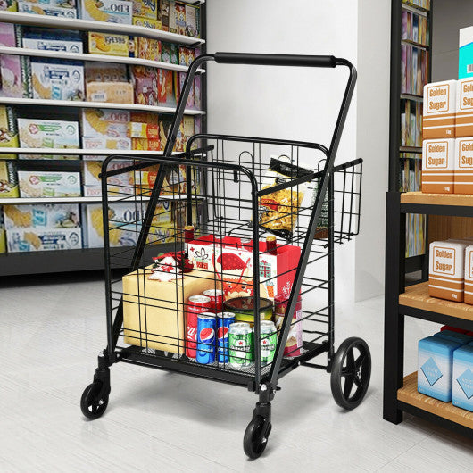 Costway Black Heavy Duty Folding Utility Shopping Double Cart