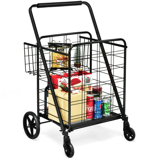 Costway Black Heavy Duty Folding Utility Shopping Double Cart