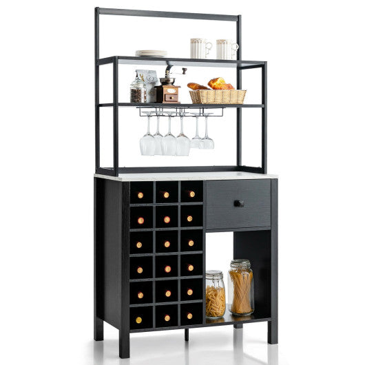 Costway Black Kitchen Baker's Rack Freestanding Wine Rack Table with Glass Holder and Drawer