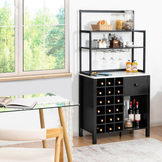 Costway Black Kitchen Baker's Rack Freestanding Wine Rack Table with Glass Holder and Drawer