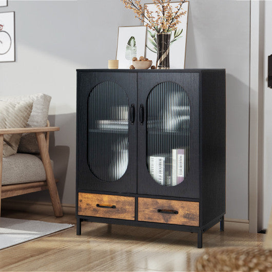 Costway Black Kitchen Industrial Buffet Sideboard with Tempered Glass Doors
