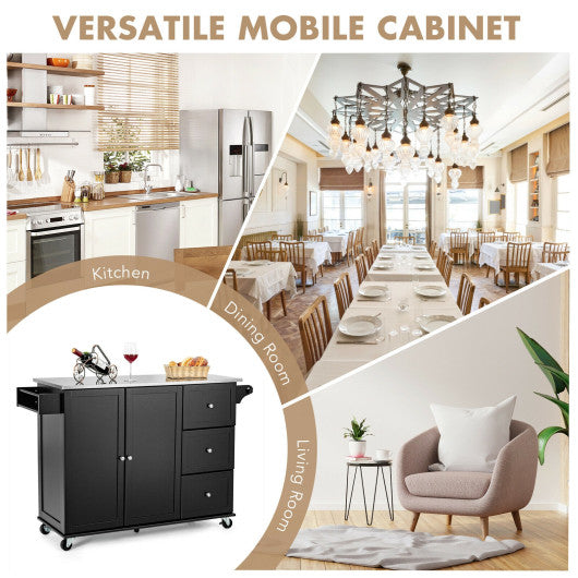 Costway Black Kitchen Island 2-Door Storage Cabinet with Drawers and Stainless Steel Top