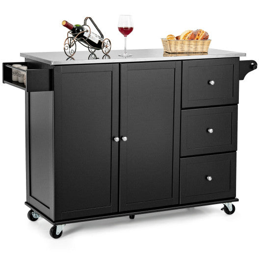 Costway Black Kitchen Island 2-Door Storage Cabinet with Drawers and Stainless Steel Top
