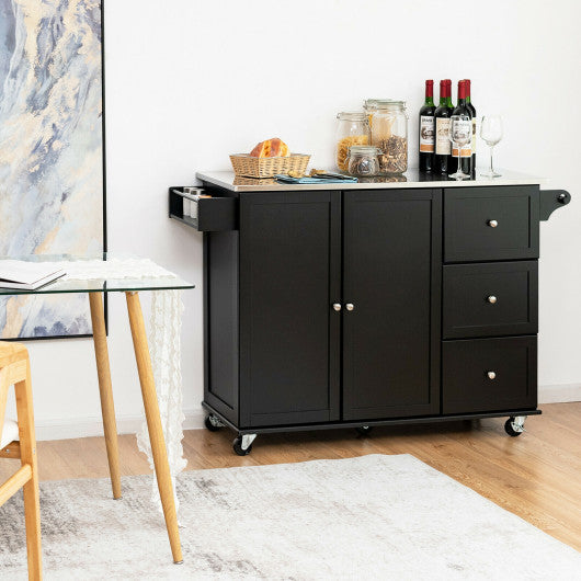 Costway Black Kitchen Island 2-Door Storage Cabinet with Drawers and Stainless Steel Top