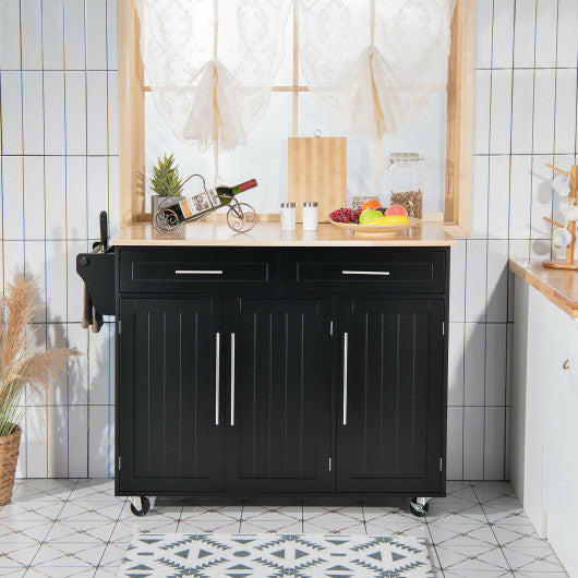 Costway Black Kitchen Island Trolley Wood Top Rolling Storage Cabinet Cart with Knife Block