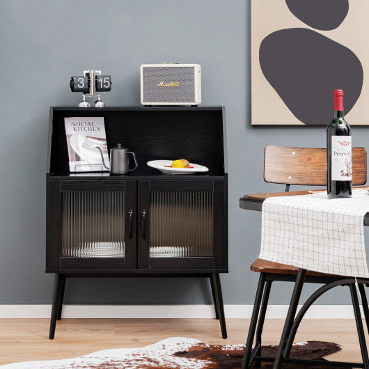Costway Black Kitchen Sideboard Buffet with Open Cubby and 2 Glass Doors