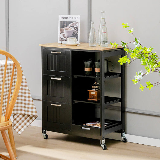 Costway Black Rolling Kitchen Island Utility Storage Cart with 3 Large Drawers