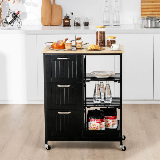 Costway Black Rolling Kitchen Island Utility Storage Cart with 3 Large Drawers