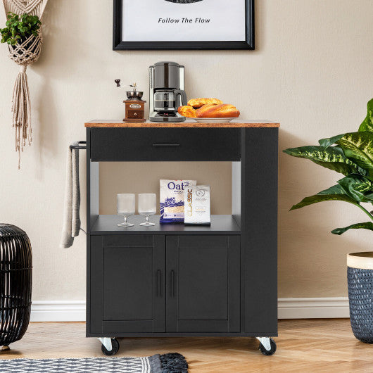 Costway Black Rolling Kitchen Trolley with 3 Spice Racks Drawer and Open Shelf