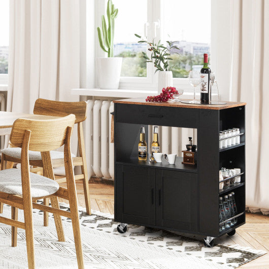Costway Black Rolling Kitchen Trolley with 3 Spice Racks Drawer and Open Shelf