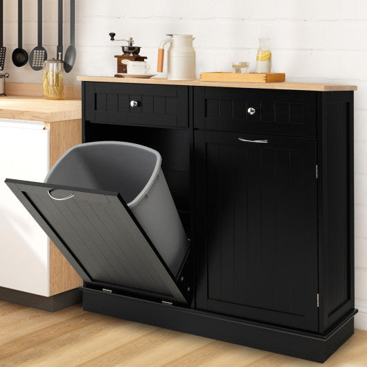 Costway Black Rubber Wood Kitchen Trash Cabinet with Single Trash Can Holder and Adjustable Shelf