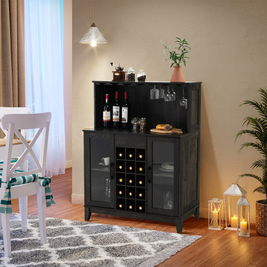 Costway Black Storage Bar Cabinet with Framed Tempered Glass Door
