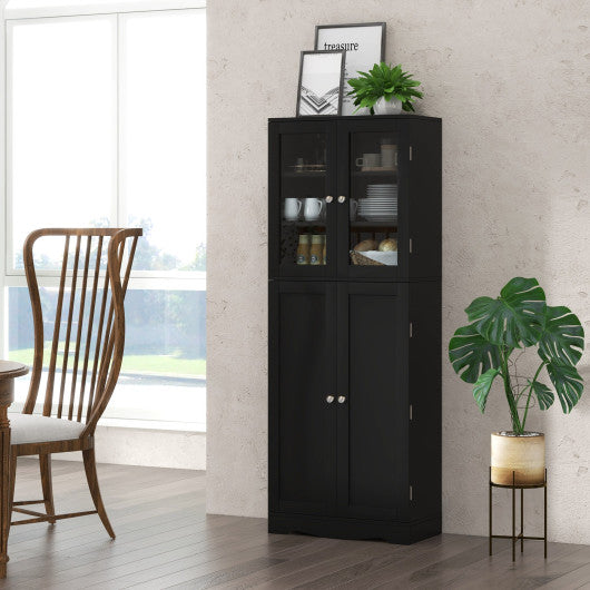 Costway Black Tall Kitchen Pantry Cabinet with Dual Tempered Glass Doors and Shelves