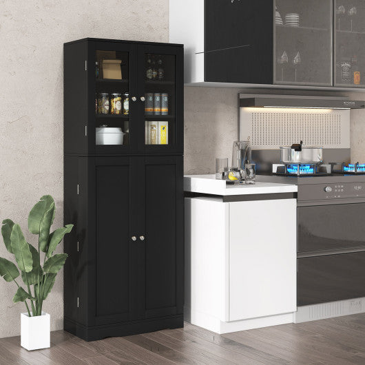 Costway Black Tall Kitchen Pantry Cabinet with Dual Tempered Glass Doors and Shelves