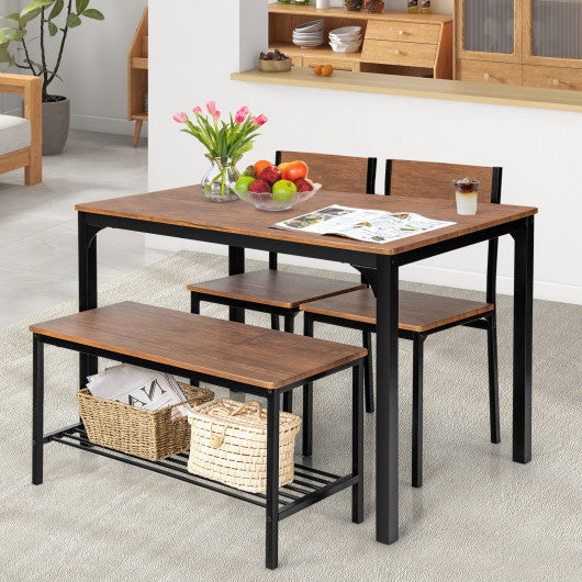 Costway Brown 4 Pieces Rustic Dining Table Set with 2 Chairs and Bench