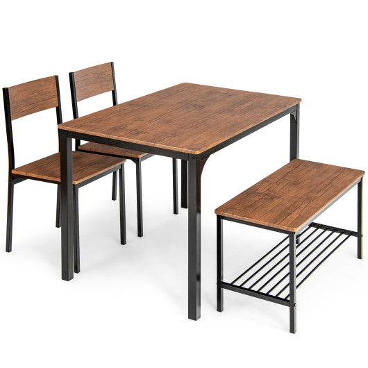 Costway Brown 4 Pieces Rustic Dining Table Set with 2 Chairs and Bench