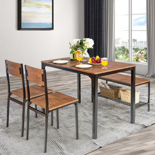 Costway Brown 4 Pieces Rustic Dining Table Set with 2 Chairs and Bench