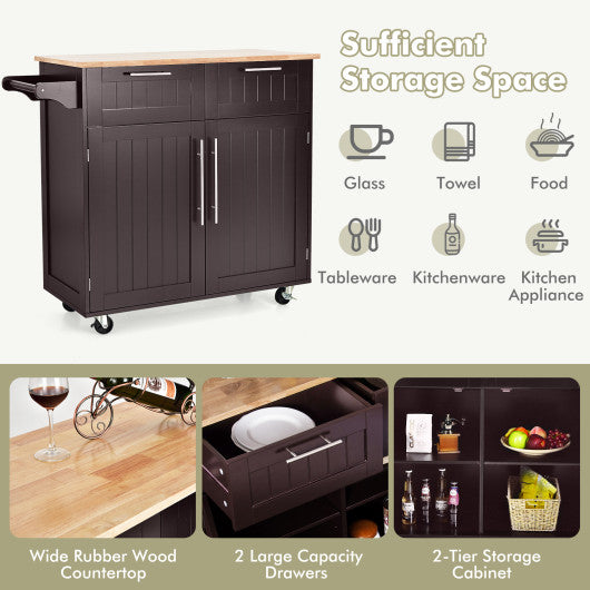 Costway Brown Heavy Duty Rolling Kitchen Cart with Tower Holder and Drawer