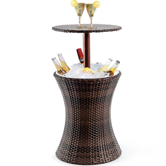 Costway Brown Height Adjustable Patio Rattan Cooler Bar Table