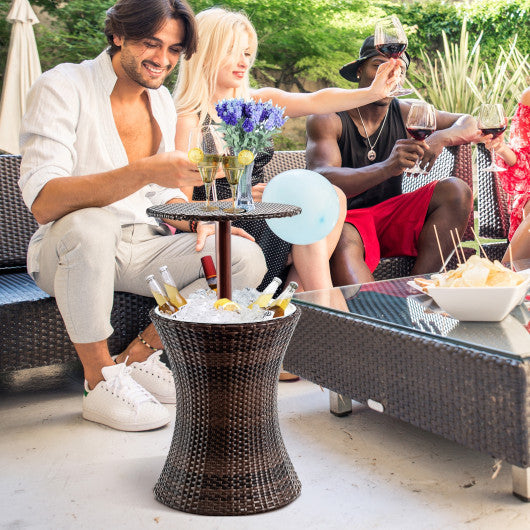 Costway Brown Height Adjustable Patio Rattan Cooler Bar Table