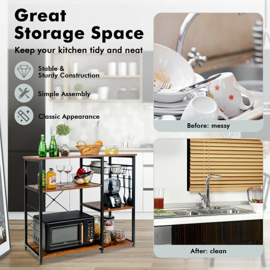Costway Brown Industrial Kitchen Baker's Rack Microwave Shelf with 6 Hooks