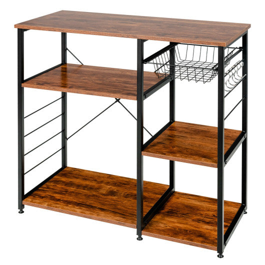 Costway Brown Industrial Kitchen Baker's Rack Microwave Shelf with 6 Hooks