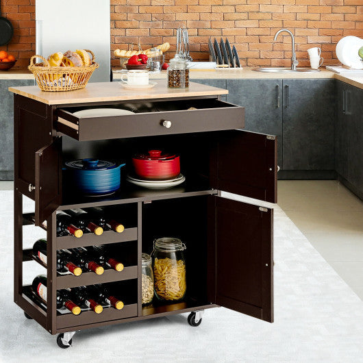 Costway Brown Kitchen Cart with Rubber Wood Top 3 Tier Wine Racks 2 Cabinets