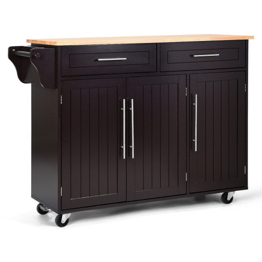 Costway Brown Kitchen Island Trolley Wood Top Rolling Storage Cabinet Cart with Knife Block