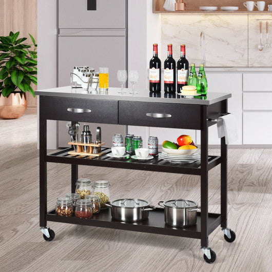 Costway Brown Stainless Steel Rolling Kitchen Island Trolley Cart