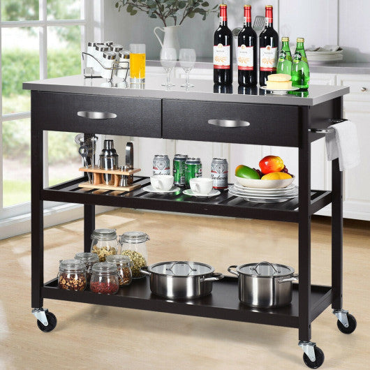 Costway Brown Stainless Steel Rolling Kitchen Island Trolley Cart