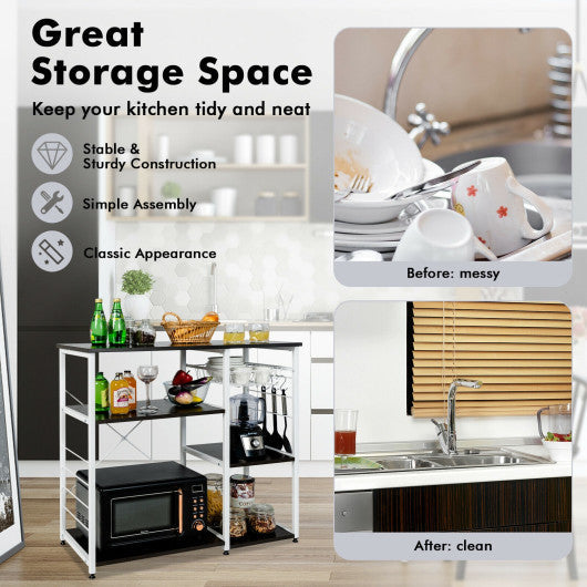 Costway Dark Brown Industrial Kitchen Baker's Rack Microwave Shelf with 6 Hooks