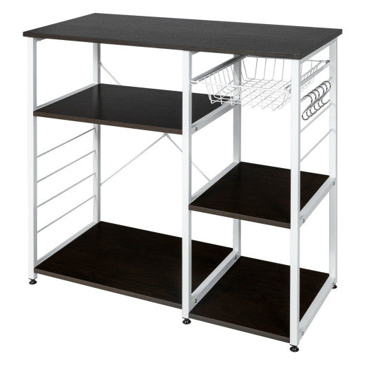 Costway Dark Brown Industrial Kitchen Baker's Rack Microwave Shelf with 6 Hooks