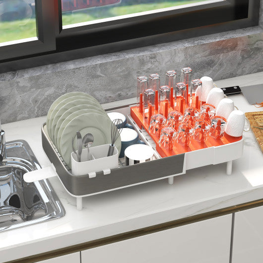 Costway Expandable Dish Drying Rack Adjustable Dual-Part Dish Drainer with Detachable Utensil Holder