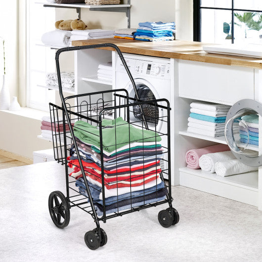 Costway Folding Shopping Cart for Laundry with Swiveling Wheels and Dual Storage Baskets-Black