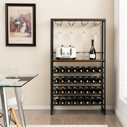 Costway Freestanding Wine Bakers Rack with 4-Tier Wine Storage and 4 Rows of Stemware Racks