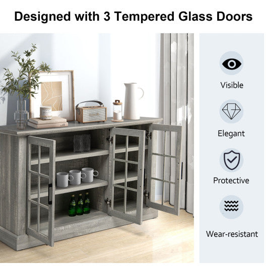 Costway Gray Farmhouse Buffet Cabinet with 3 Tempered Glass Doors
