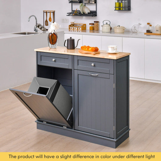 Costway Gray Rubber Wood Kitchen Trash Cabinet with Single Trash Can Holder and Adjustable Shelf
