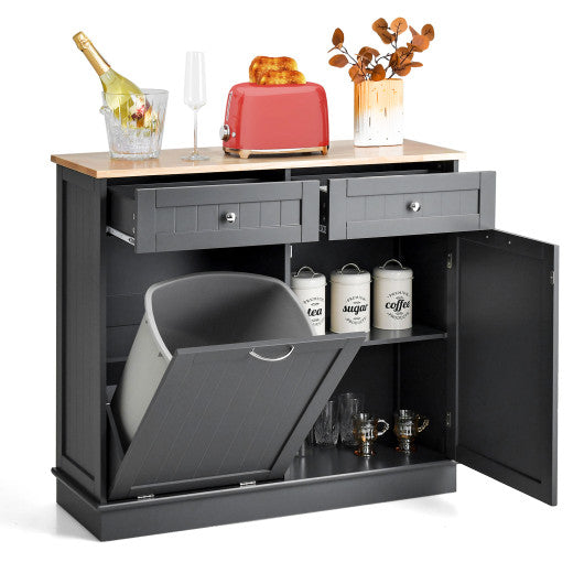 Costway Gray Rubber Wood Kitchen Trash Cabinet with Single Trash Can Holder and Adjustable Shelf